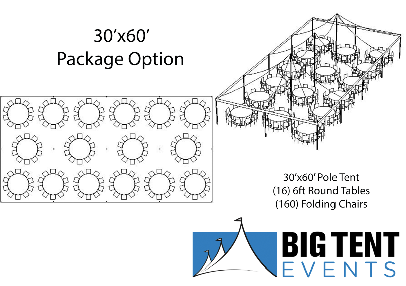 128 Guest – 30×60 Pole Tent – Round Tables